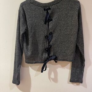 THE Edit Cropped Sweater Top Juniors ,Gold Sparkly Lace Up Back Black Ribbon